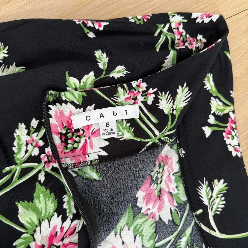 CAbi Black Floral Fit and Flare Ruffle Skirt SZ 6 Raw Edge Classy Classic Work